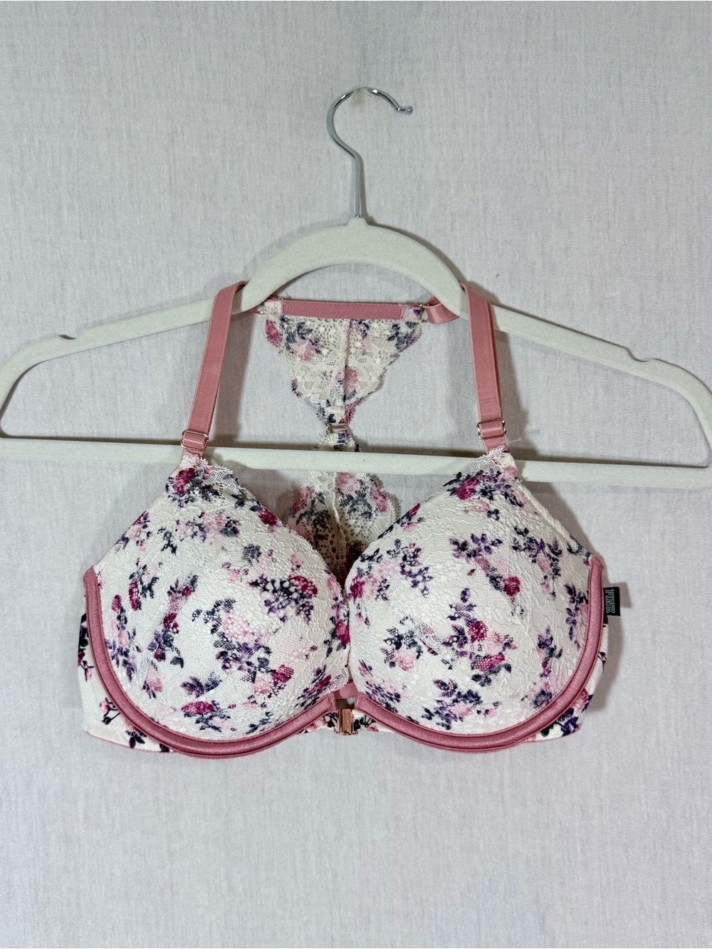 Victoria’s Secret Pink 32DD front close Floral Lace Push-Up Bra - Pink/White